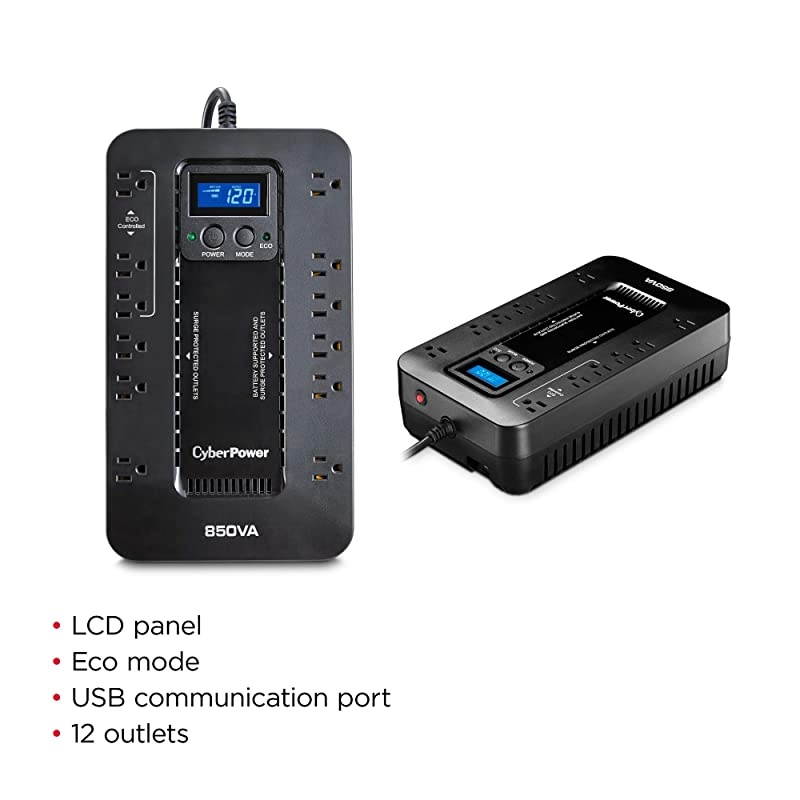 EC850LCD Ecologic Battery Backup Surge Protector UPS System 850VA510W 12 Outlets ECO Mode Compact Uninterruptible Power Supply