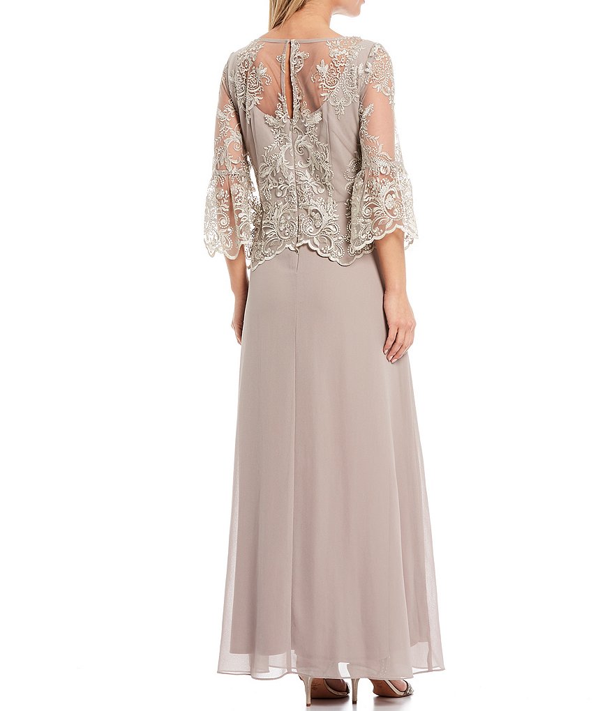 Le Bos A-Line 3/4 Bell Sleeve Lace Popover Cascade Long Gown