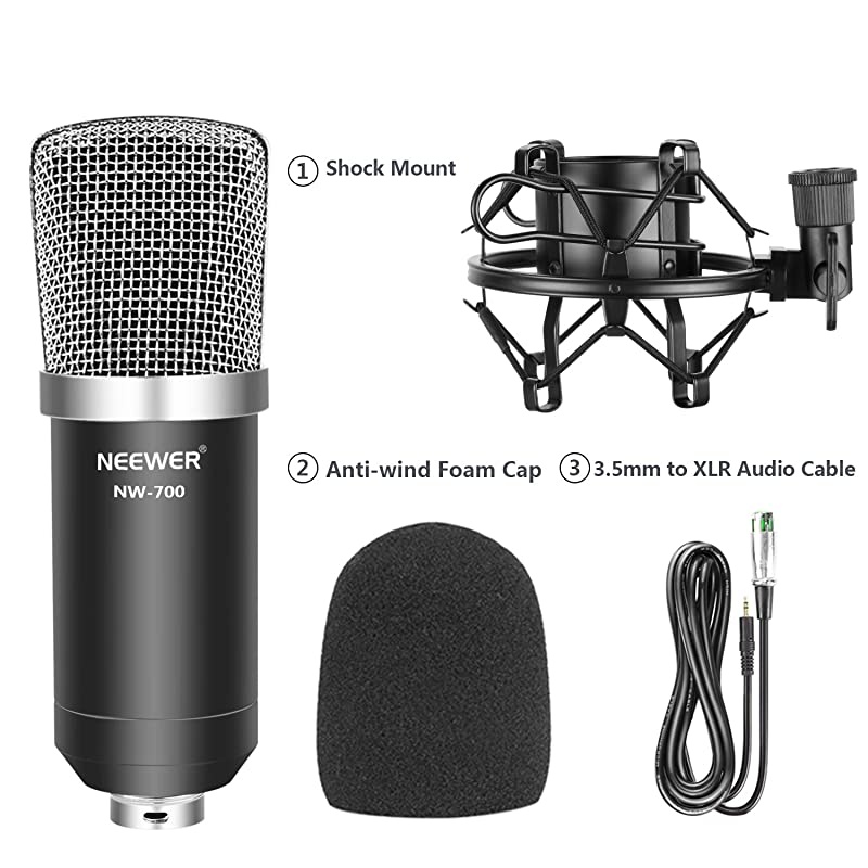 NW-700 Professional Studio Broadcasting & Recording Condenser Microphone (1)NW-700 Condenser Microphone (1)Metal Microphone Shock Mount (1)Ball-type Anti-wind Foam Cap (1)Microphone Audio Cable