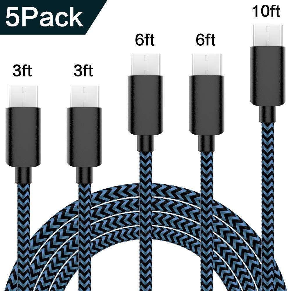 USB Type C Cable 5Pack (3/3/6/6/10FT) Nylon Braided USB C Cable Fast Charger Charging Cord Compatible Samsung Galaxy S9 S8 Note 9 Note 8 PlusLG V30 G6 G5 V20Google Pixel Moto Z2(Blue)