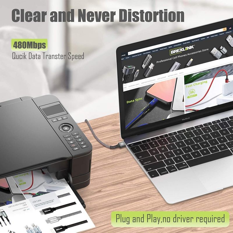 Printer Cable BrexLink Premium10ft USB 2.0 Type A to B Male Printer Cord Durable Nylon Braided High Speed Scanner Fax Cord Compatible with HP Canon Dell Epson Lexmark Xerox Samsung (Grey)