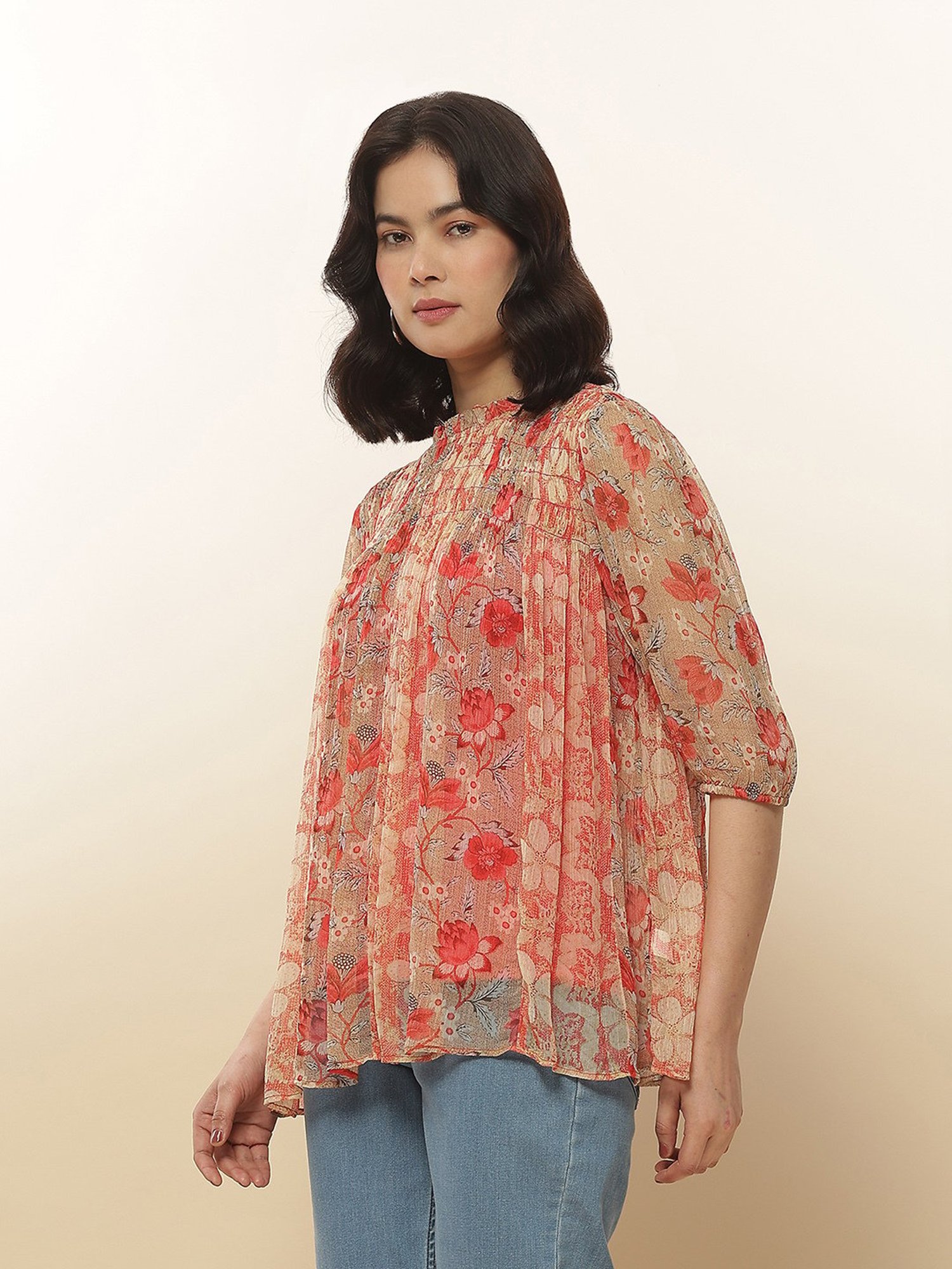 Label Ritu Kumar Red Floral Print Top With Inner