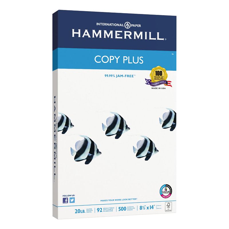 Hammermill Copy Plus Copy Paper 92 Brightness 20lb 8-1/2 x 14 White 500 Sheets/Ream 105015