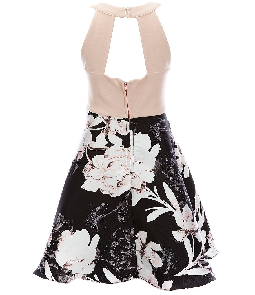 Rare Editions Big Girls 7-16 Crepe/Floral Mikado A-Line Dress