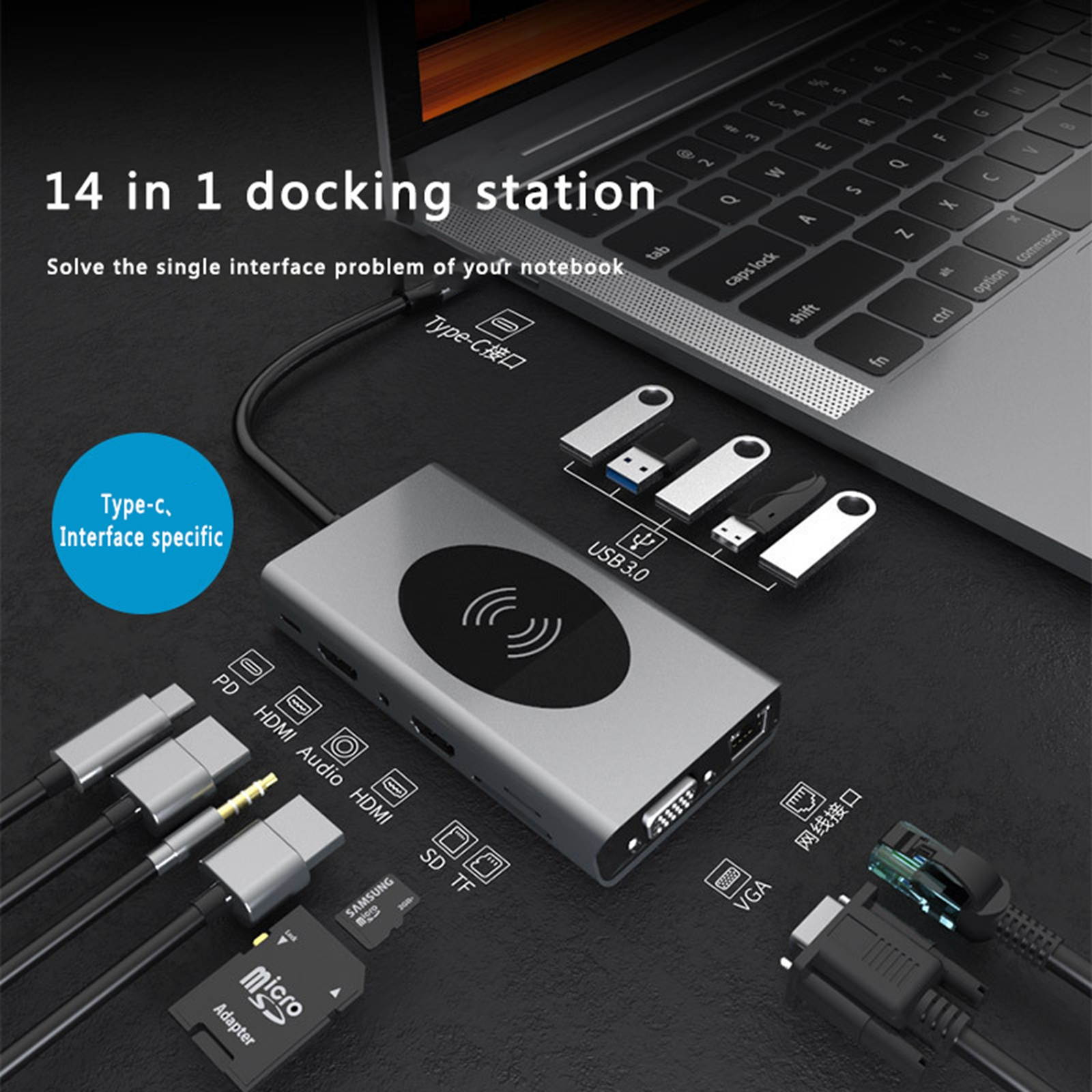 USB C Hub,14 in 1 USB Hub Type C Dongle Adapter with Wireless Charger, USB C Adapter with HDMI 4K 2 Output, RJ45 Ethernet, 87W PD Charger, SD/TF Card Reader with USB 3.0 VGA Ports(Gray)