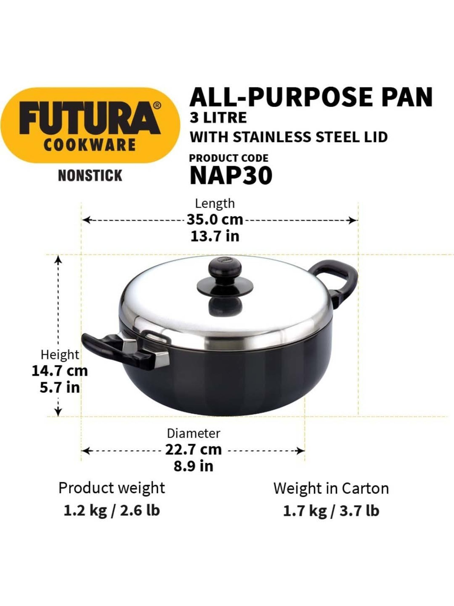 Hawkins Black & Silver Hard Anodised 22.7 cm Non-Stick Multipurpose Pan With Lid (3 L) - Set of 1