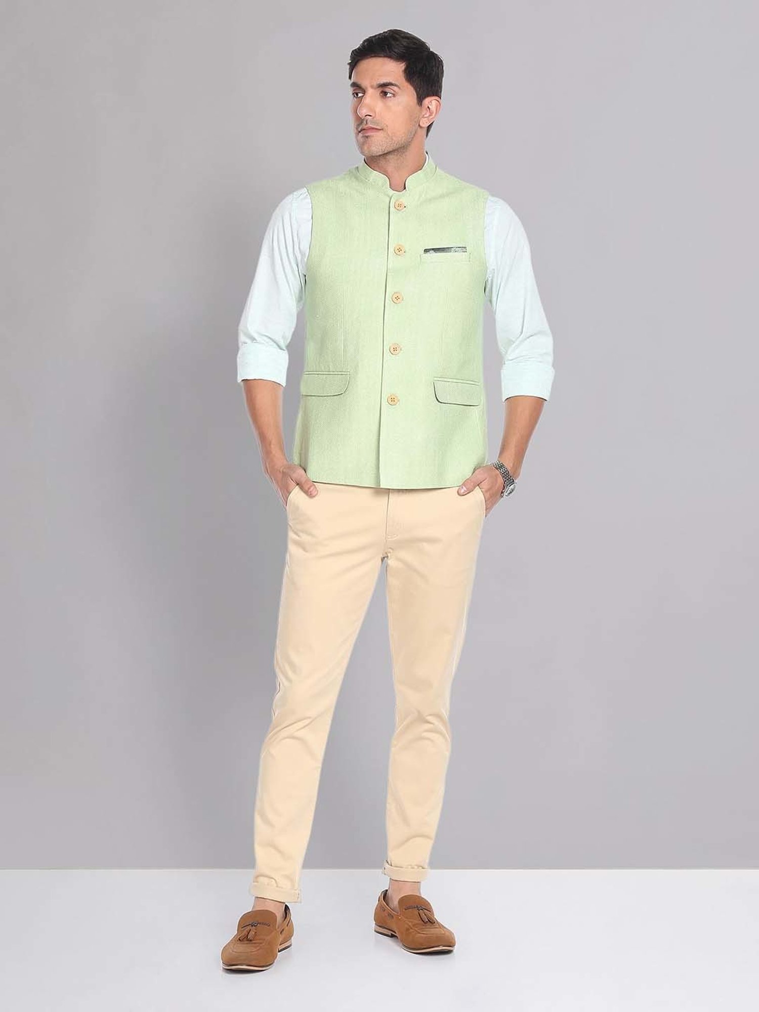 AD by Arvind Green Mandarin Collar Self Design Nehru Jacket