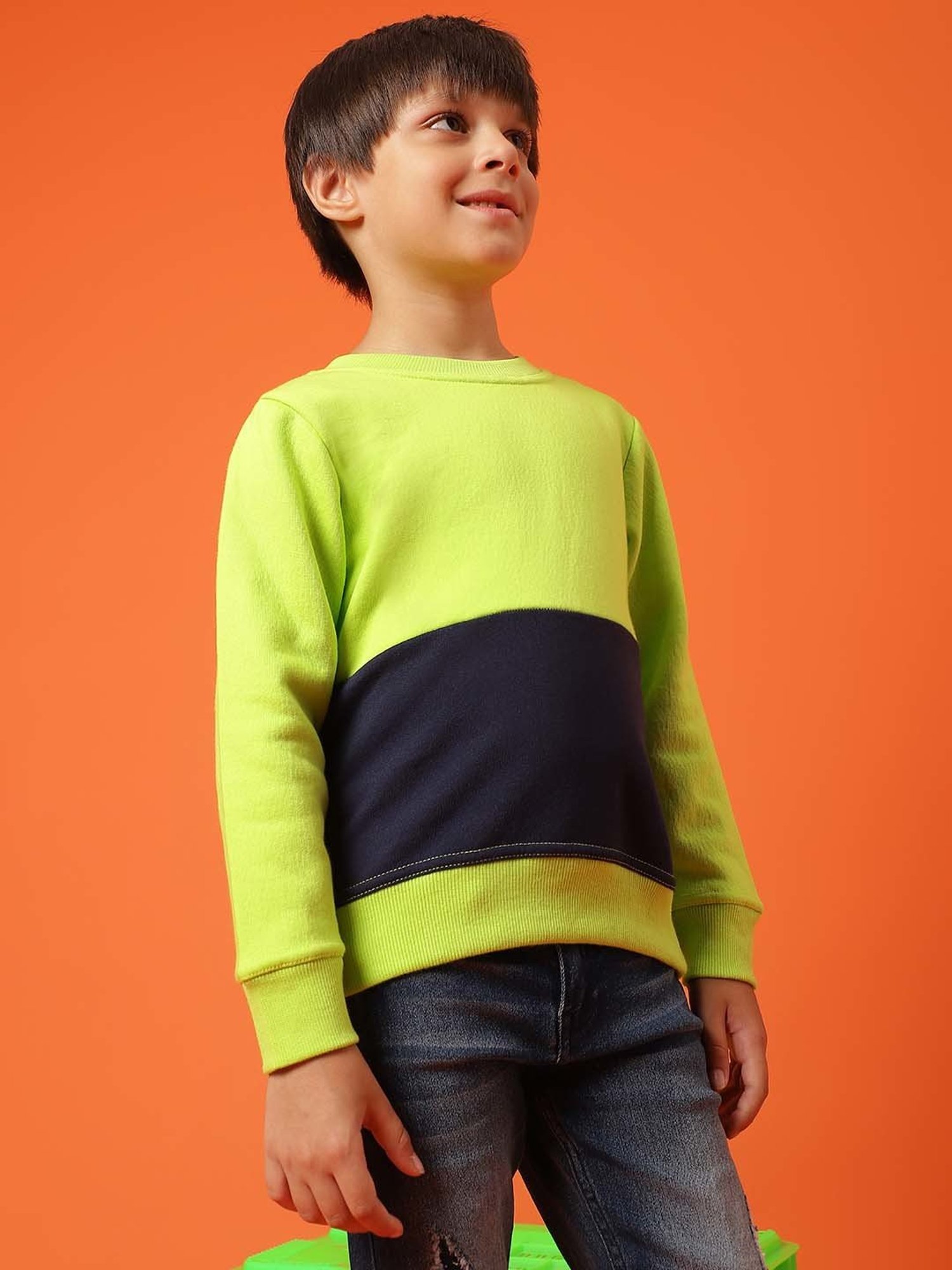Tales & Stories Kids Neon Green & Black Cotton Regular Fit Full Sleeves Sweatshirt