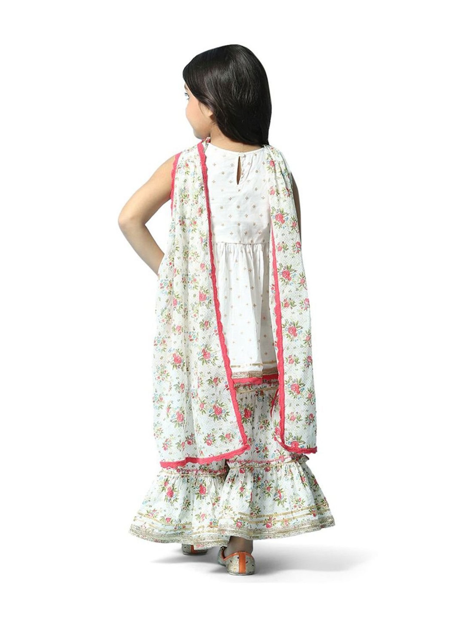 Biba Girls Off-White & Pink Cotton Printed Kurta Set
