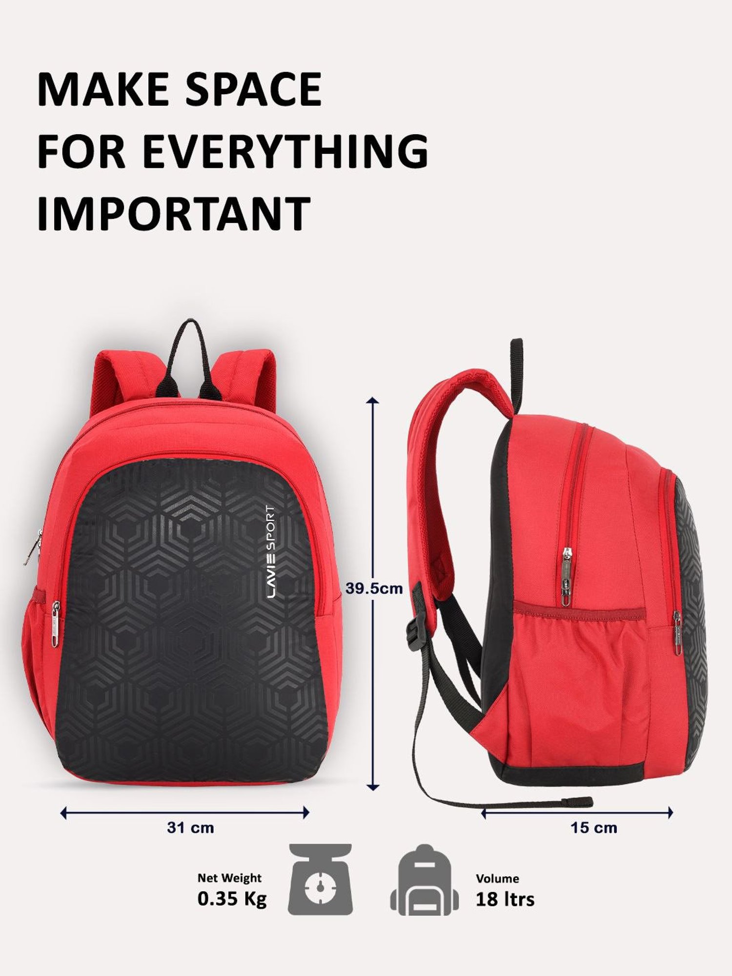 Lavie Sport Hexa 2C 18L Casual Dobby Daypack | School Bag For Boys & Girls (Red)