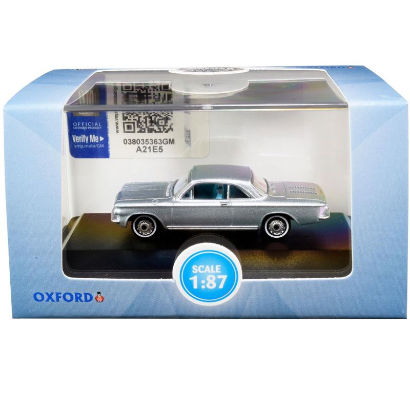 1963 Chevrolet Corvair Coupe Satin Silver Blue Met. w/Blue Interior 1/87 (HO) Scale Diecast Model Car by Oxford Diecast