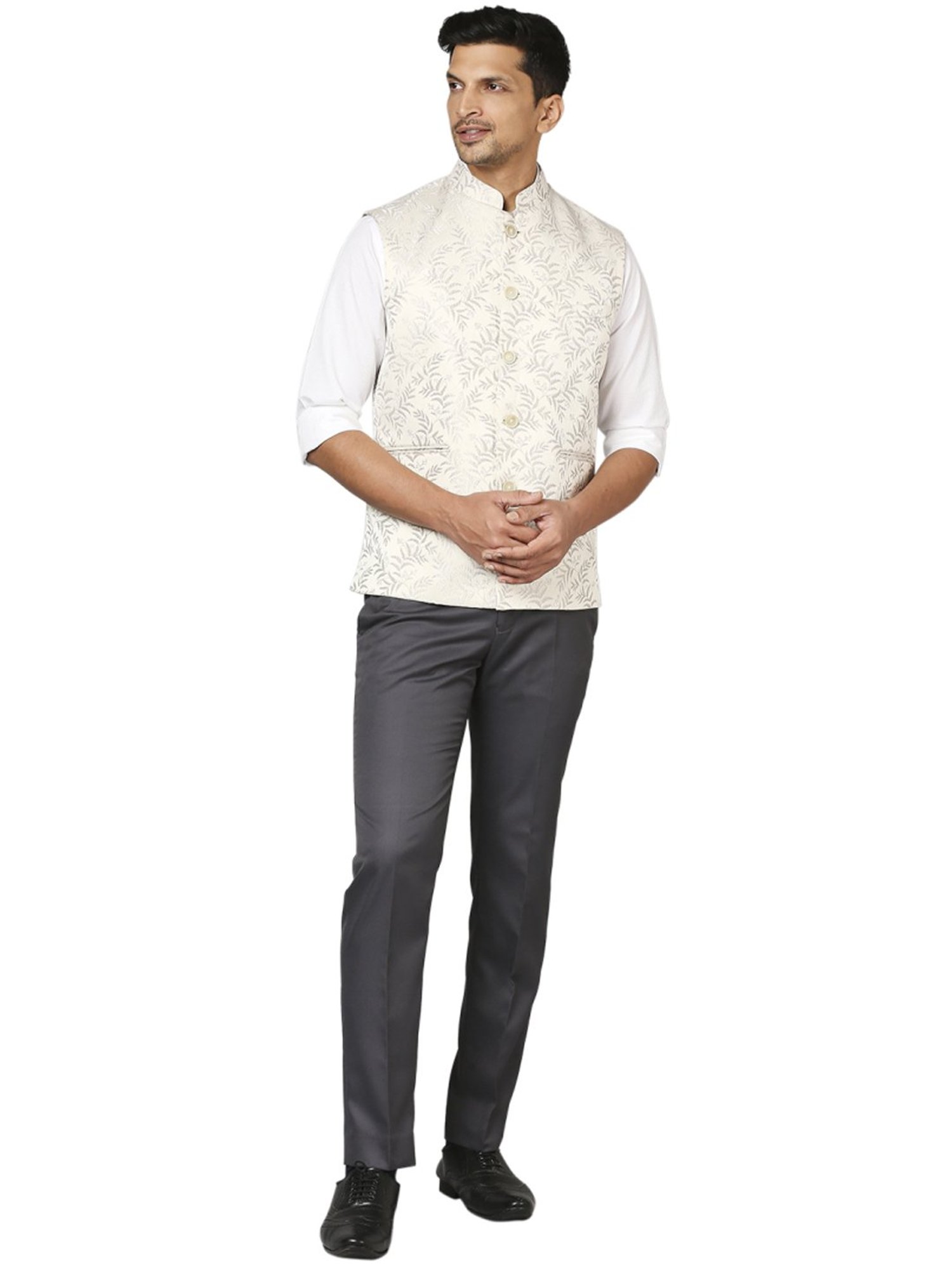 Raymond Beige Regular Fit Self Pattern Nehru Jacket