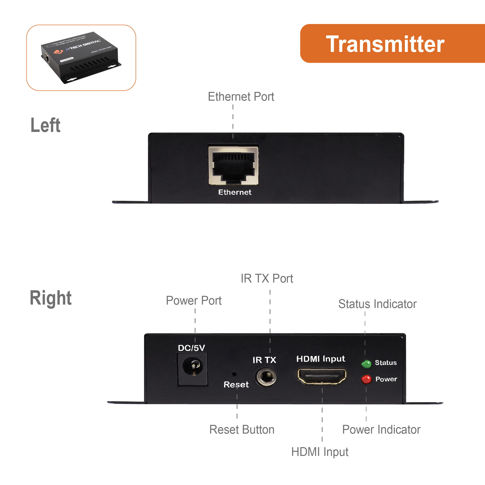 J-Tech Digital ProAV HDMI Extender Over Single Cat5e/6 Cable TCP/IP 1080p IR Remote - Up to 400' [JTD-EX-120M]