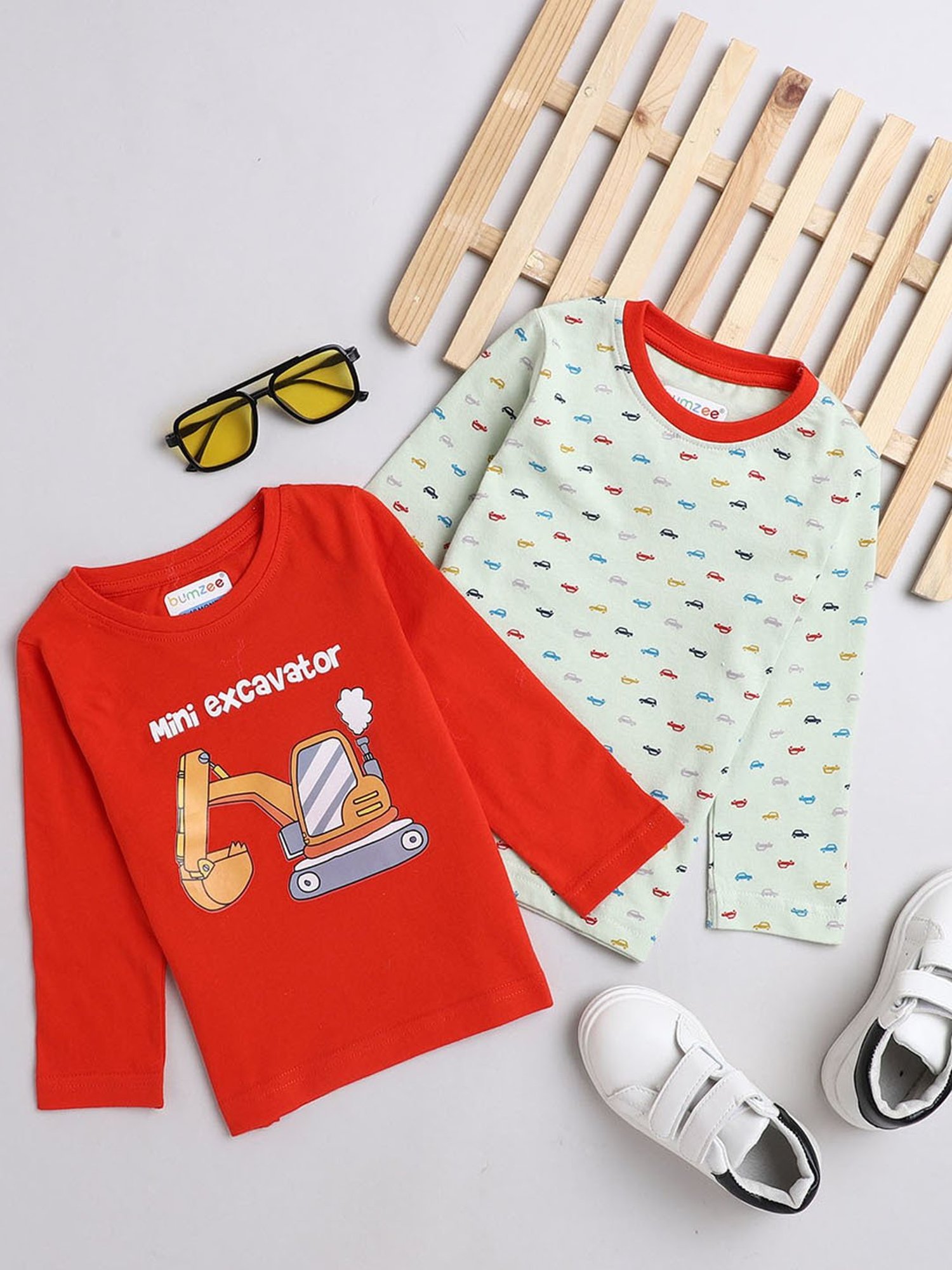 Bumzee Kids Mint Green & Red Printed Full Sleeves T-Shirts (Pack Of 2)