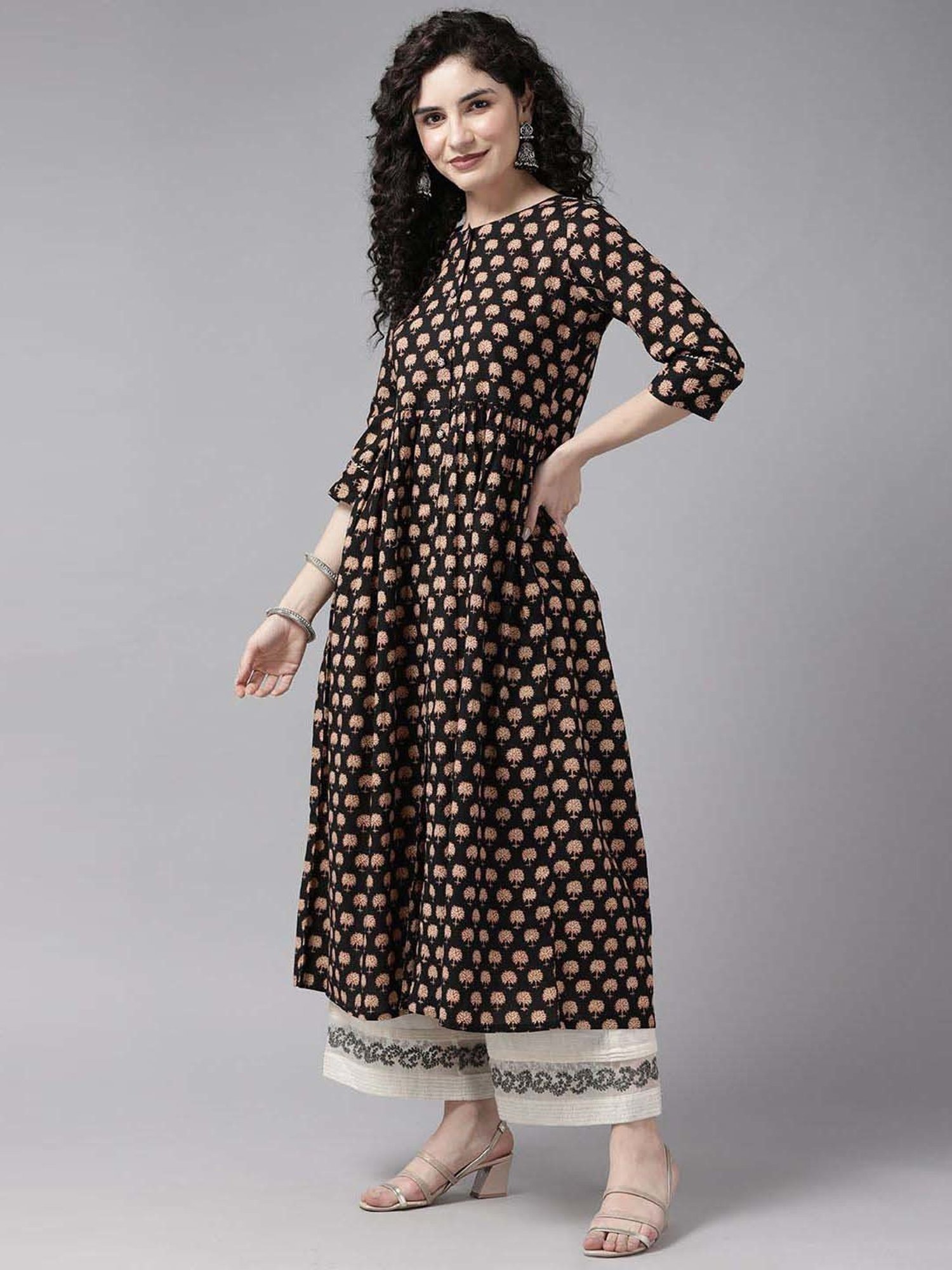 Cayman Black Cotton Floral Print A Line Kurta