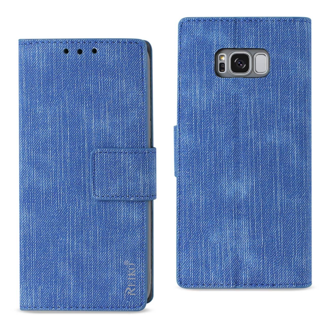 Reiko Denim Wallet Case for Samsung Galaxy S8 With Gummy Inner Shell And Kickstand Function - Navy