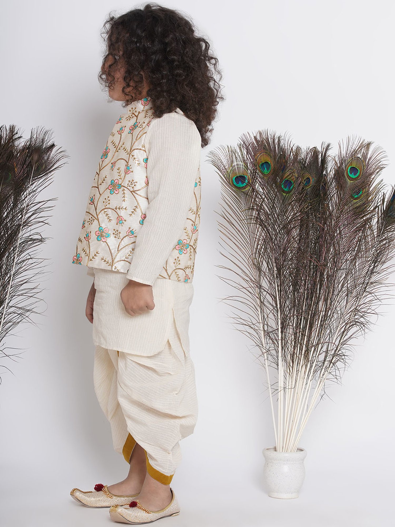 Little Bansi Kids Cream Embroidered Full Sleeves Kurta , Jacket with Dhoti