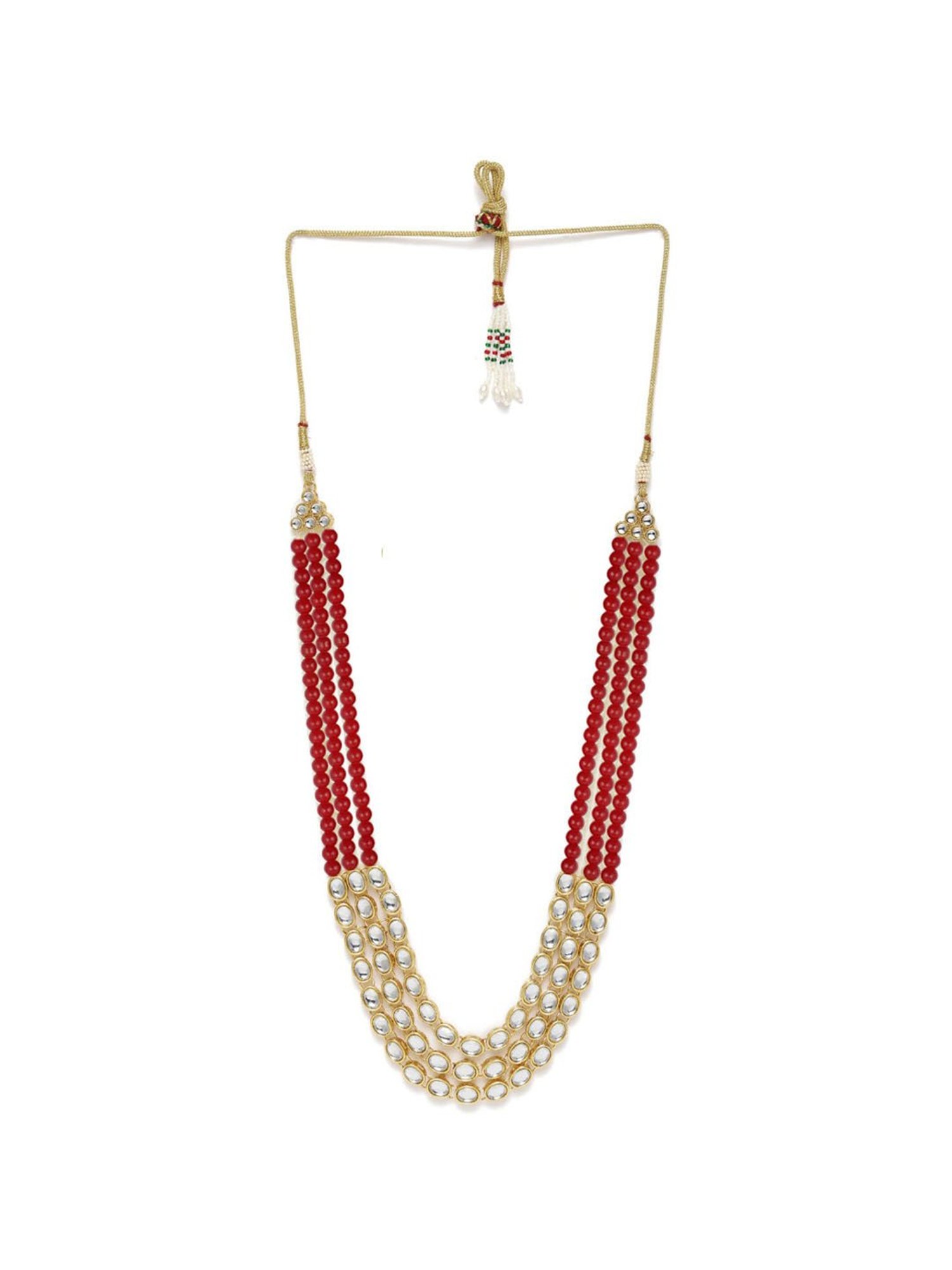 OOMPH Maroon Red Pearls & Kundan Ethnic Mala Long Necklace Set with Drop Earrings