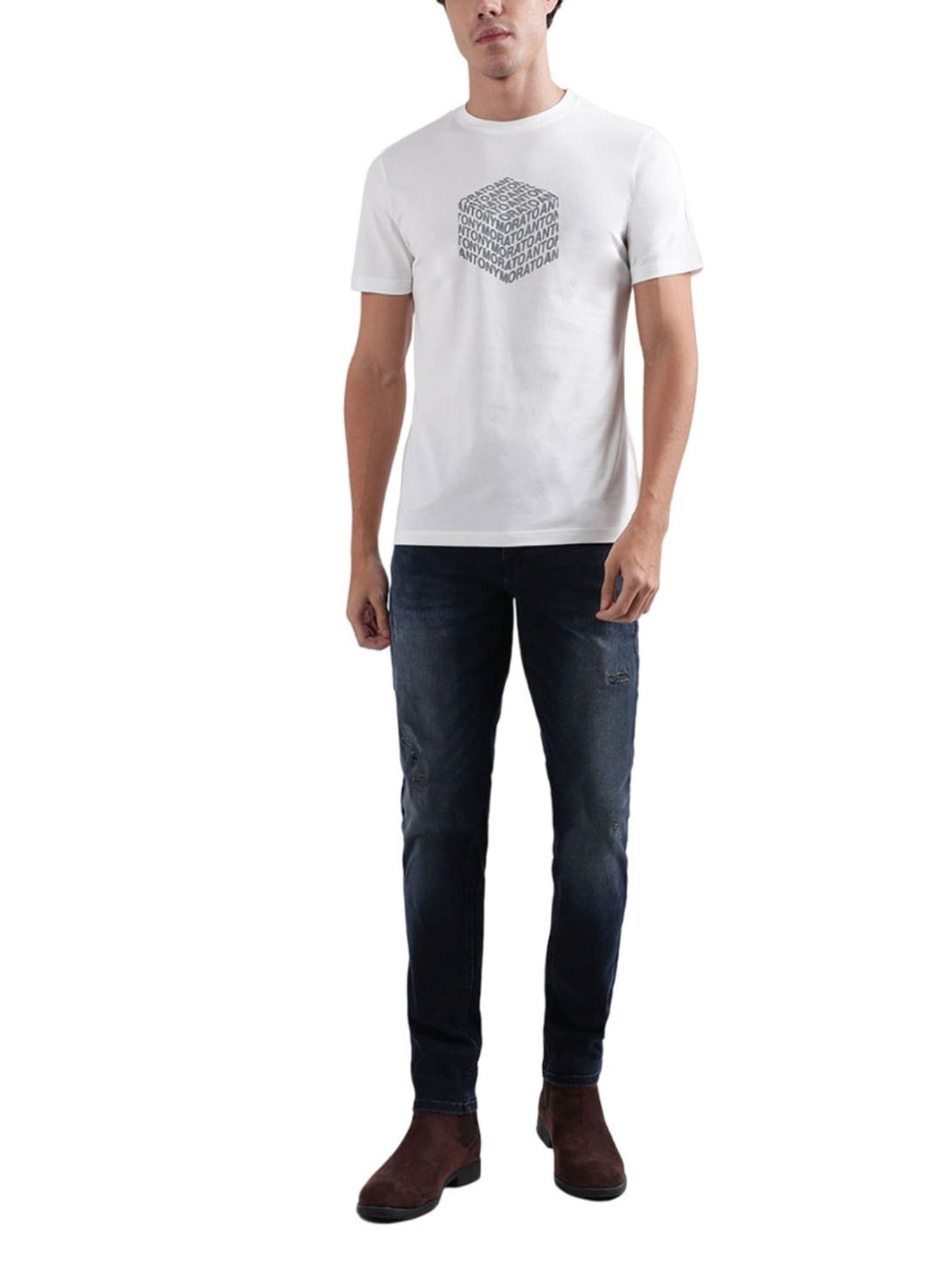 Antony Morato White Cotton Regular Fit Printed T-Shirt