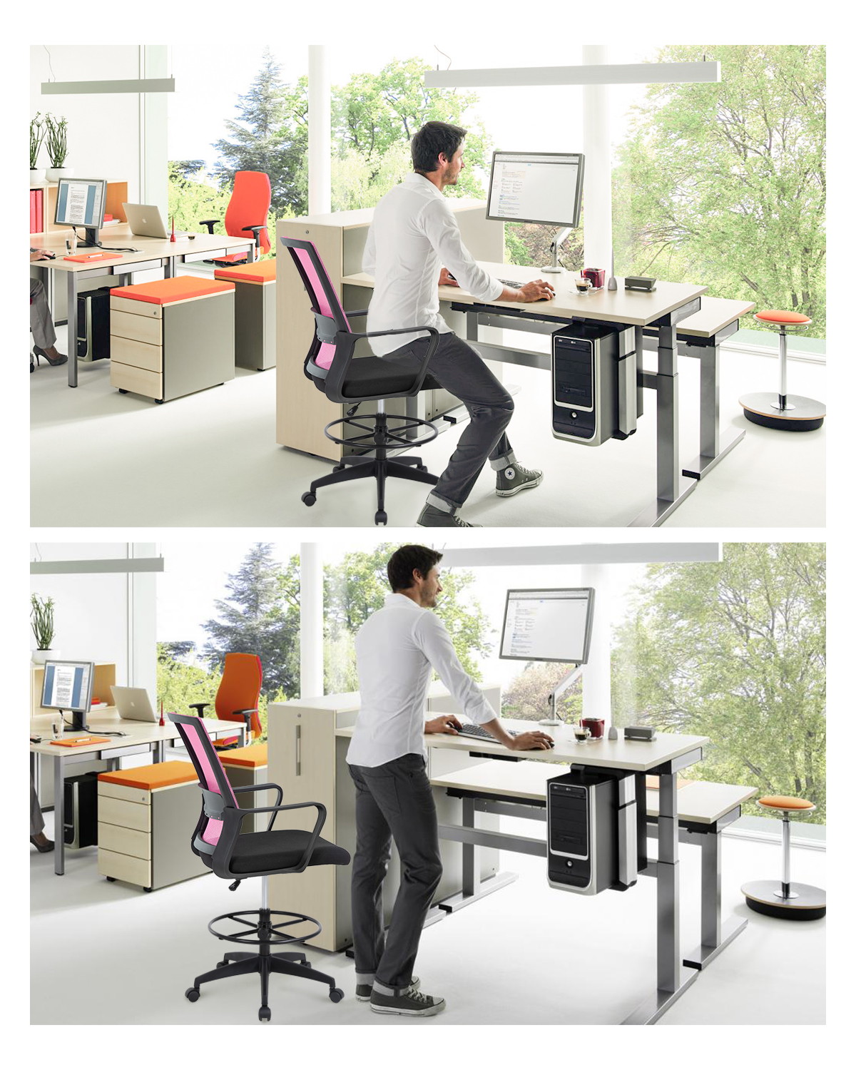 Drafting Chair Tall Office Chair Computer Chair Adjustable Height with Lumbar Support Arms Footrest Mid Back Task Desk Chair Swivel Rolling Mesh Drafting Stool for Adults Women Girls(Pink)