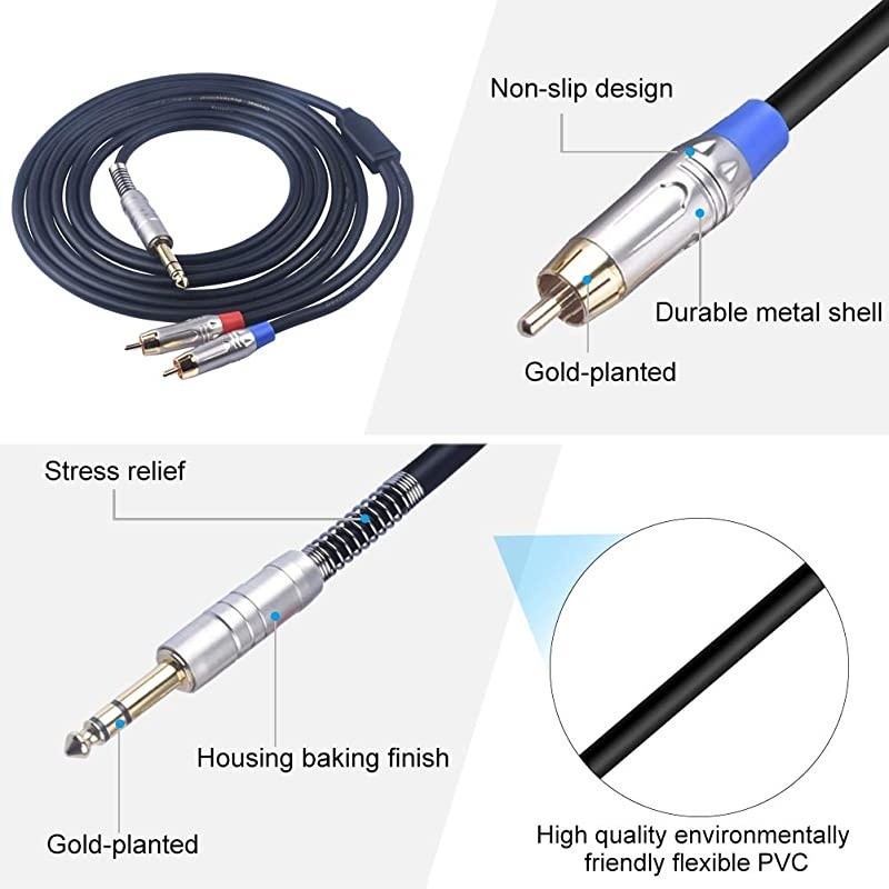 RCA to 1/4 Insert Cable, 1/4 inch (6.35mm) TRS Male to Dual RCA Audio Y Splitter Cable, Double Phono to Quarter inch Stereo Male Adapter Connector Wire Cord Plug Jack 6 Feet