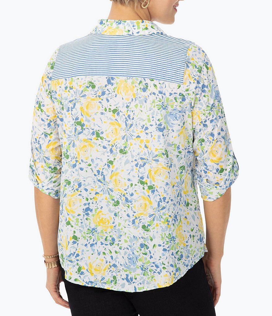 Foxcroft Plus Size Zoey Point Collar Neck Long Sleeve Roll Tab Spring Blooms Button Front Shirt