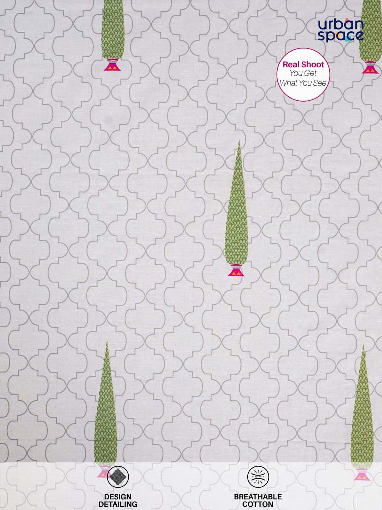 Urban Space White & Green Cotton 200 TC Pinewood Single Bedsheet with 1 Pillow Cover