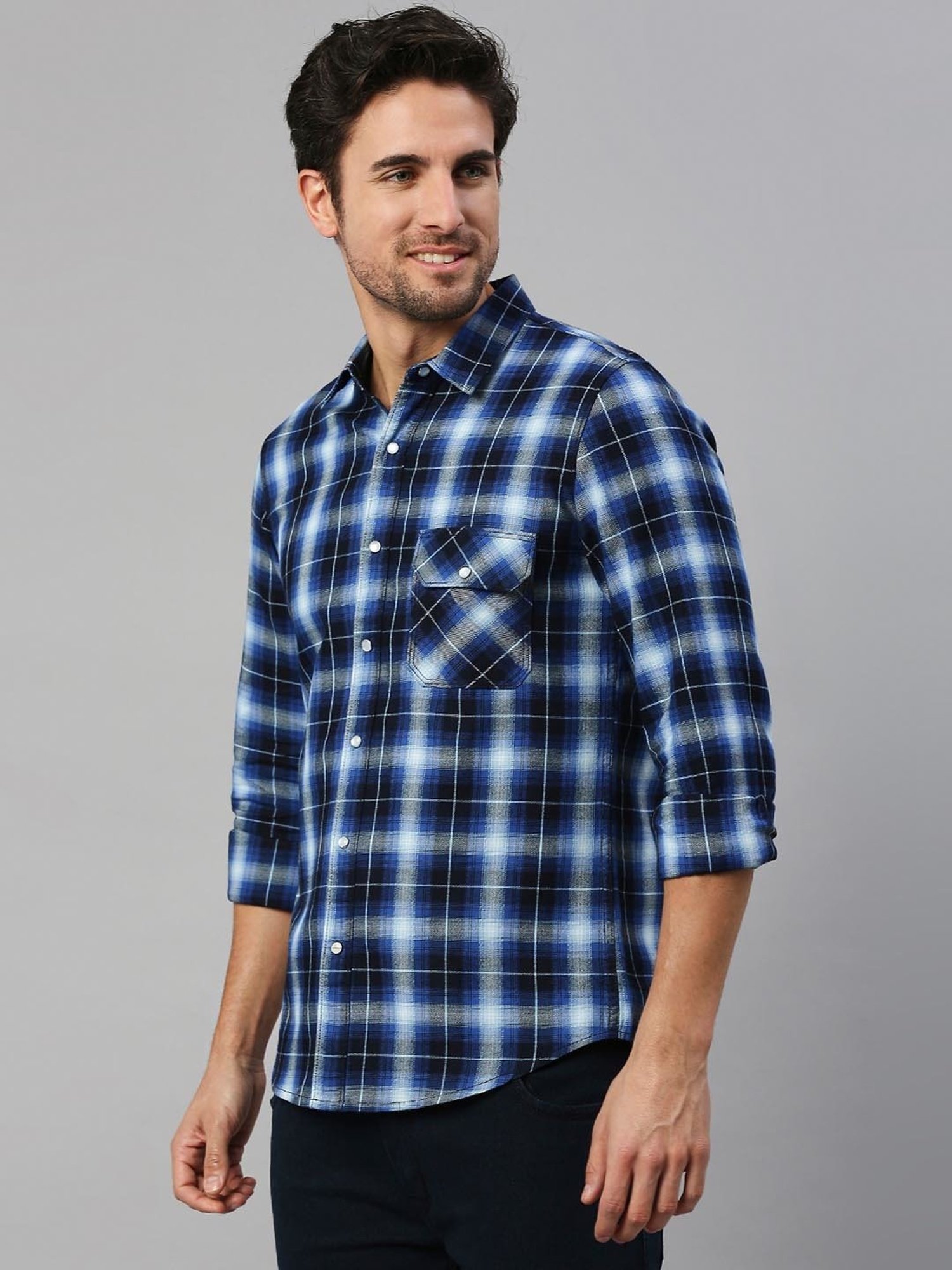 SOLEMIO Navy Slim Fit Check Cotton Shirt