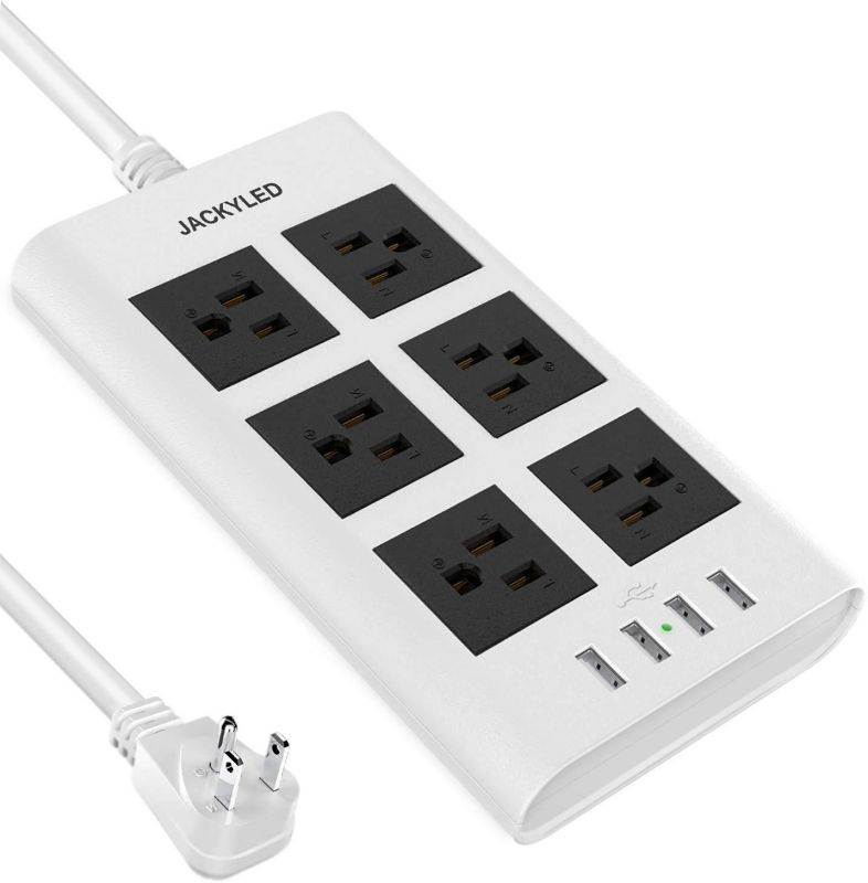 Power Strip 9.8ft Surge Protector Flat Plug 15A 14 AWG Long Extension Cord 6 AC Outlets 4 USB Ports Fast Charge Electric Outlet Fireproof Desktop Charger for iPhone iPad Laptop White