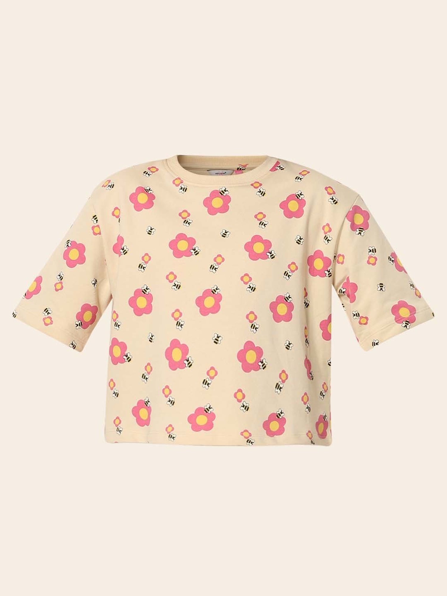 VERO MODA GIRL Cream & Pink Cotton Floral Print T-Shirt