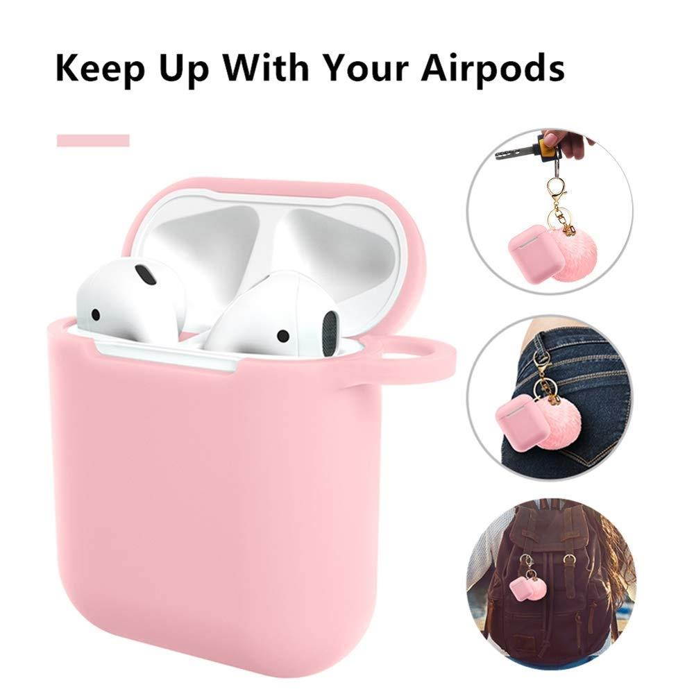 Airpods Case - BlUEWIND Drop Proof Air Pods Protective Case Cover Silicone Skin, Cute Fur Ball Airpods Keychain/Strap, Apple Airpods Accessories, Best Gift for Girls and Women, Pink