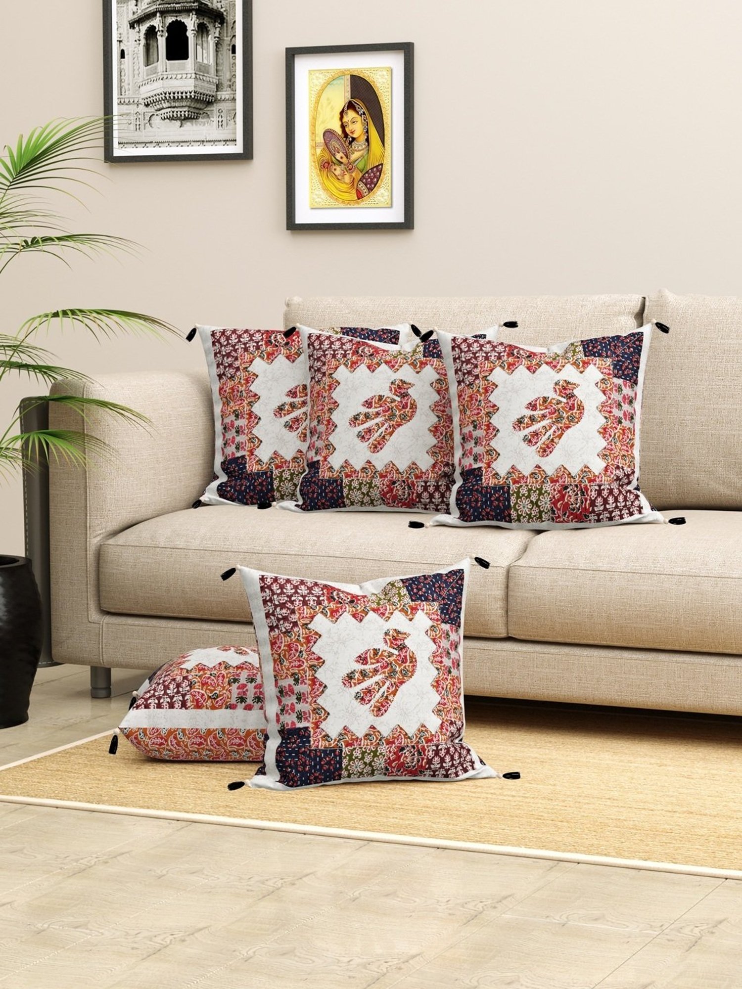 Living Roots Jaipuri Multicolor Cotton Cushion Covers - Set of 5