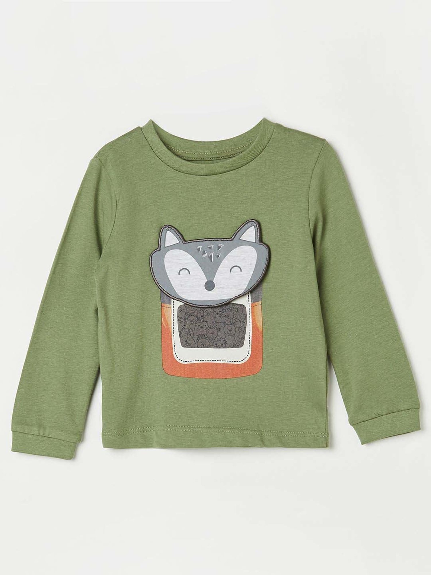 Juniors by Lifestyle Kids Olive Cotton Embroidered Full Sleeves Tee