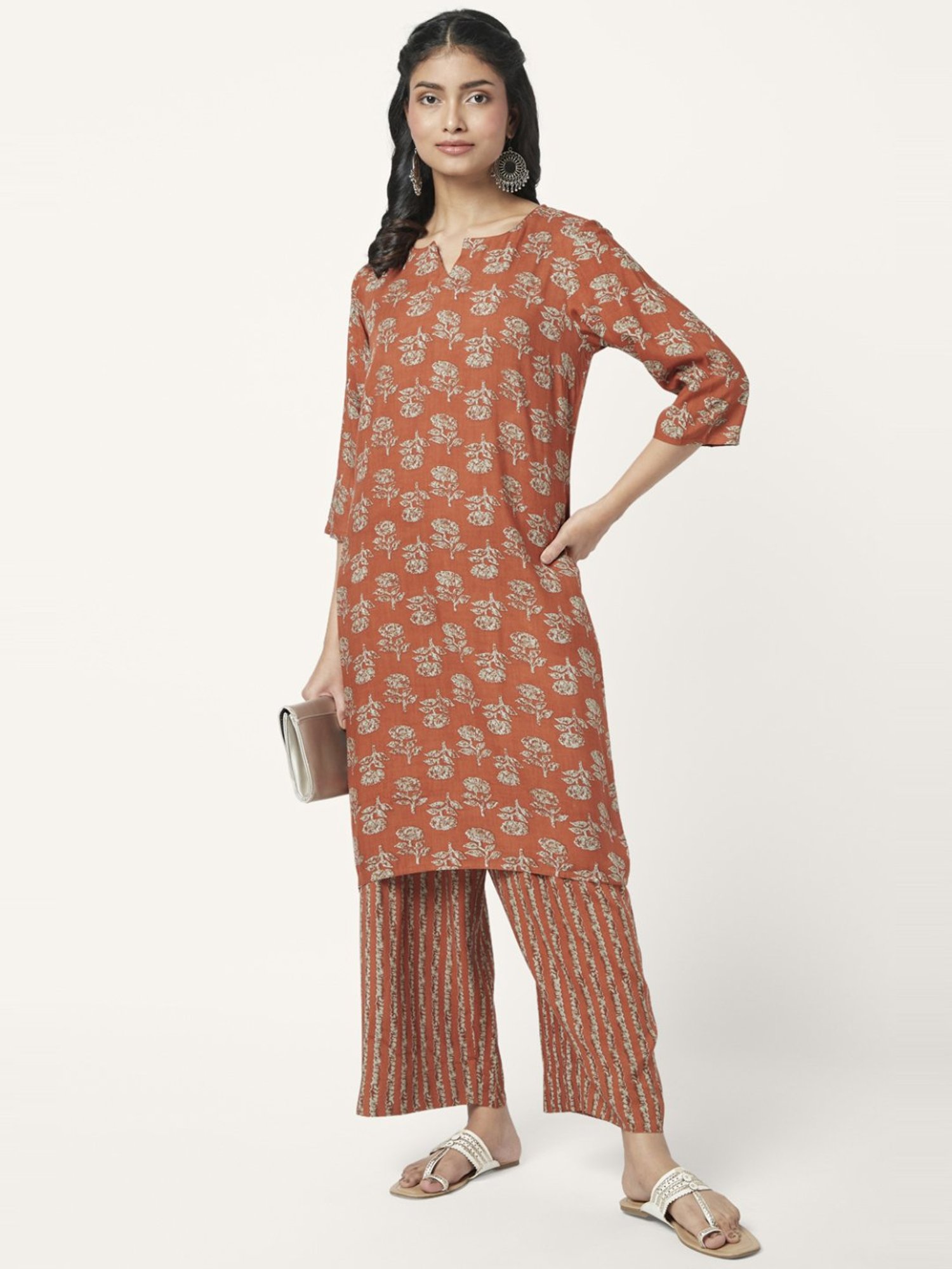 Rangmanch by Pantaloons Rust Floral Print Kurta Palazzo Set