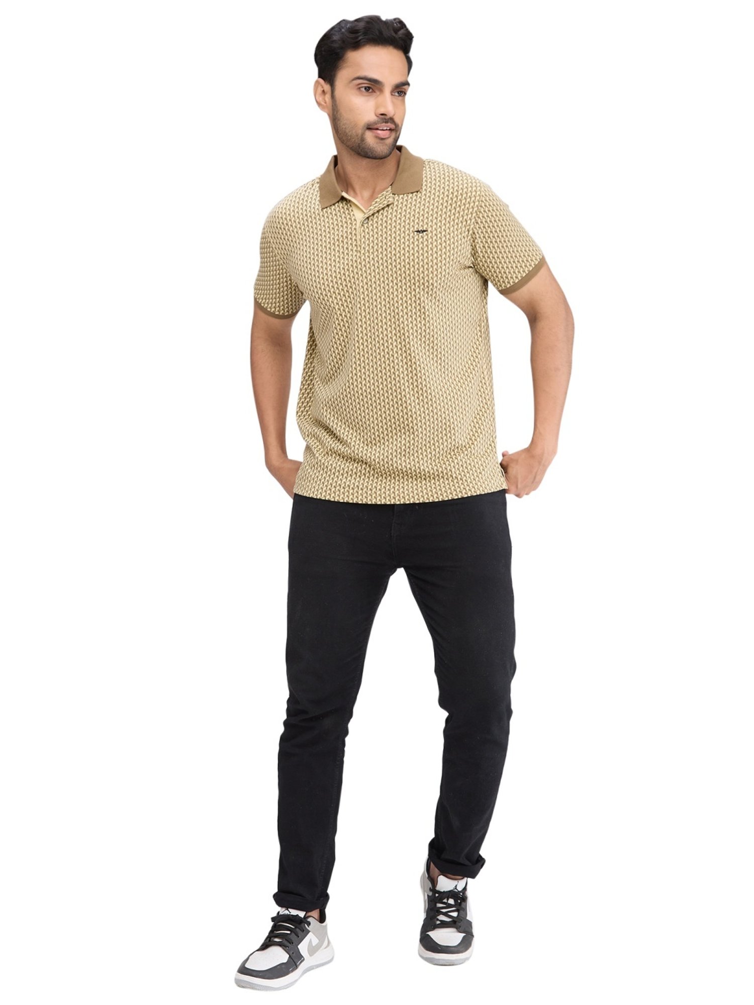 Park Avenue Beige Slim Fit Printed Polo T-Shirt
