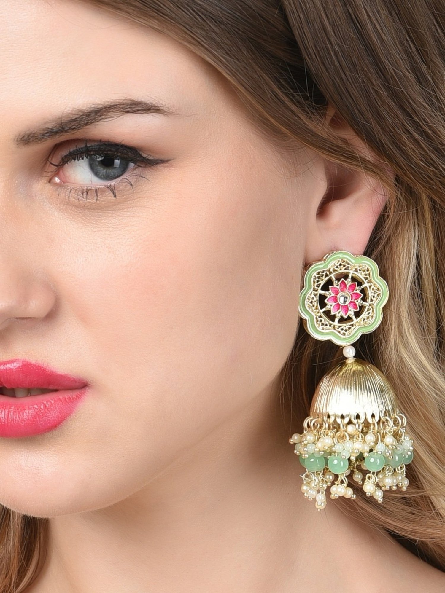 Zaveri Pearls Green & Pink Meenakari Kundan & Cluster Beads Jhumki Earring-ZPFK14715
