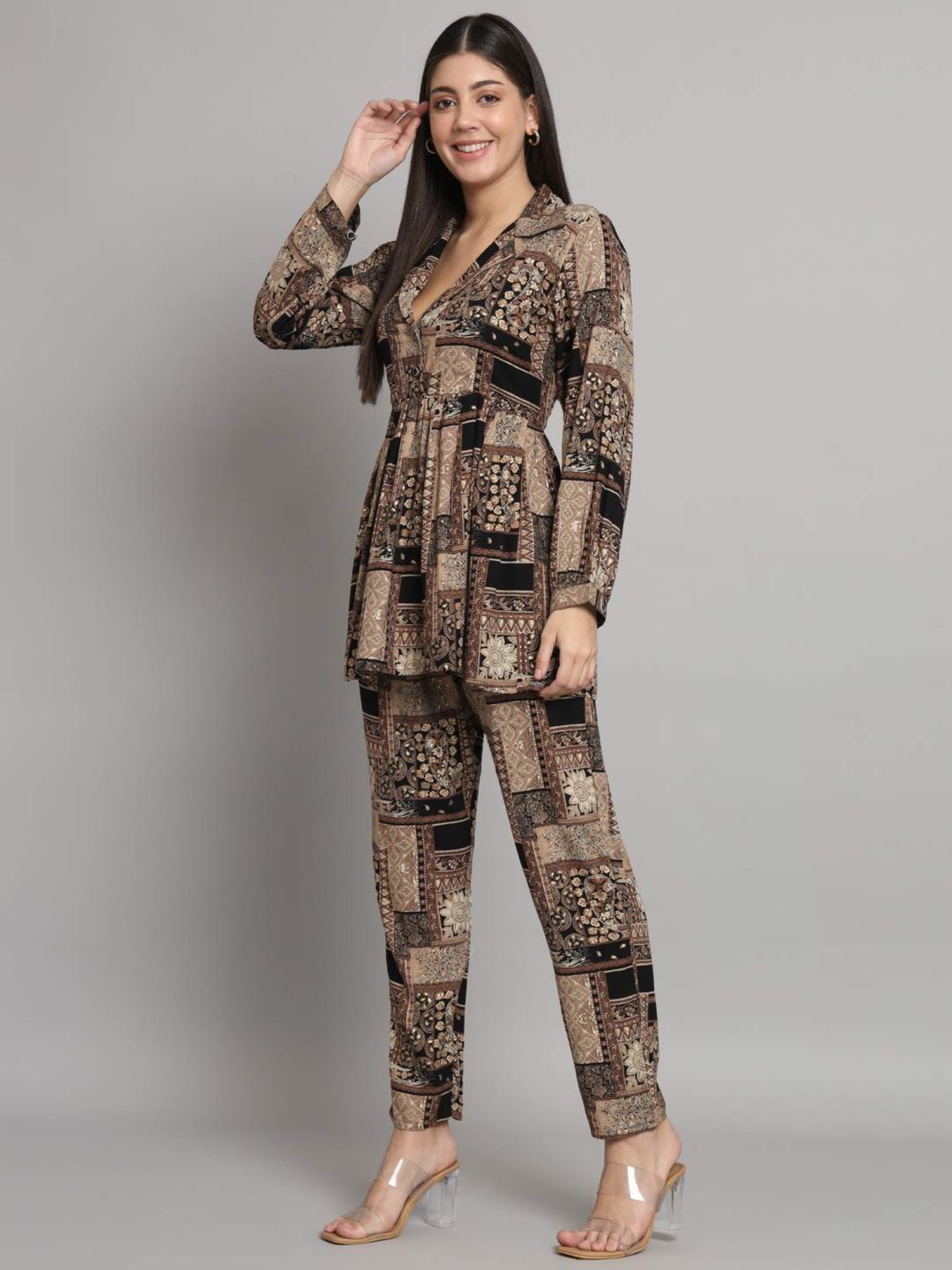 READIPRINT FASHIONS Black & Beige Printed Top Pant Set