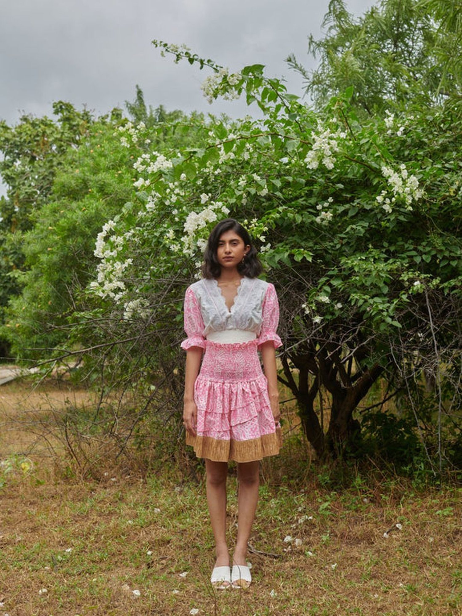 Khajoor Studio White & Pink Sundaze Barbie Smocked Meadow Print Crop Top & Skirt Co-ord Set