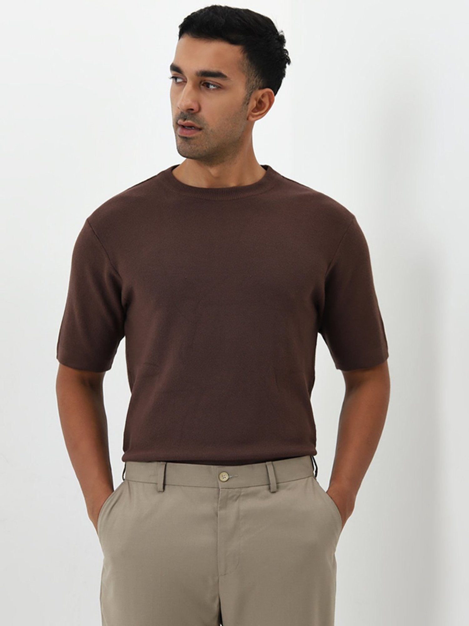 WES Formals by Westside Dark Brown Slim-Fit Cotton Blend T-Shirt