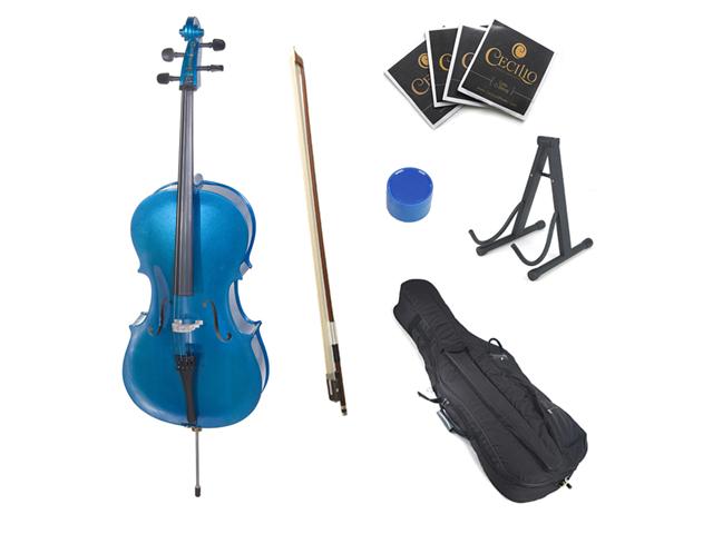 Cecilio 4/4 CCO-Blue Student Cello in Blue Metallic with Soft Case, Bow, Rosin, Bridge, Strings & Cello Stand (Full Size)