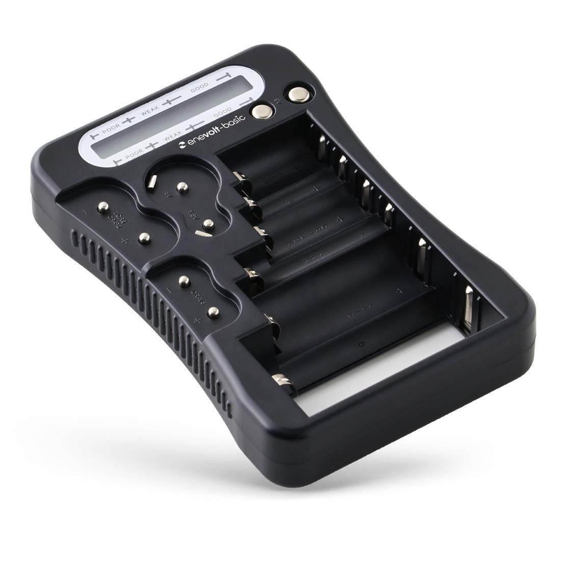 Enevolt-Basic Universal Battery Tester with Display for AA AAA C D N 9V CR123A CR2 3V 1.5V 2CR5 CR-P2 CR-V3 Button Cell Batteries, Compact Battery Checker - Black