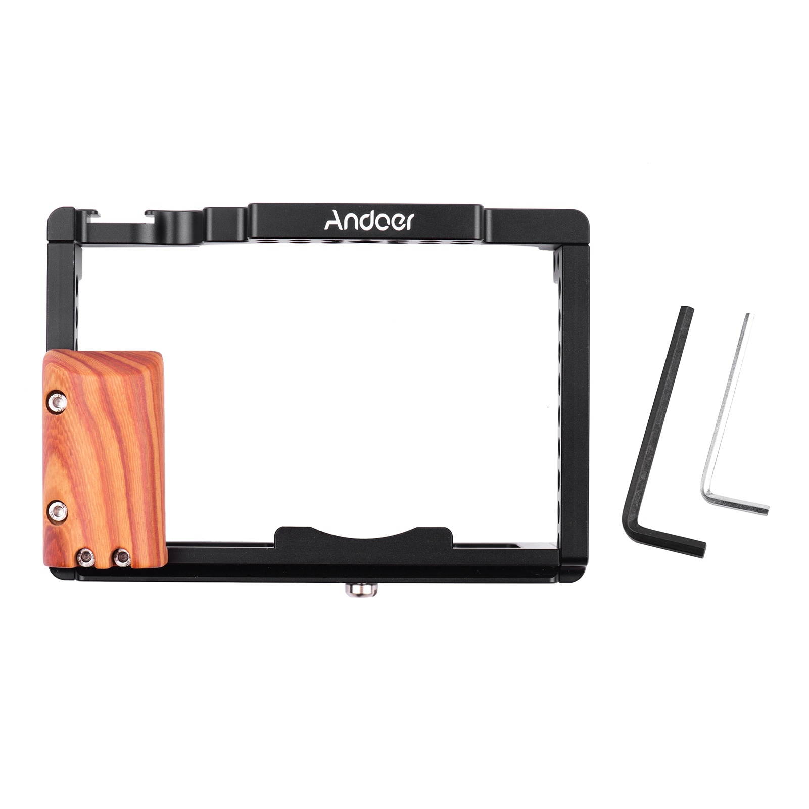 Andoer Aluminum Alloy Camera Cage Protective Vlog Cage with Wooden Hand Grip Film Making System with Cold Shoe for Microphone Fill Light Compatible with Fujifilm X-T4 ILDC Camera