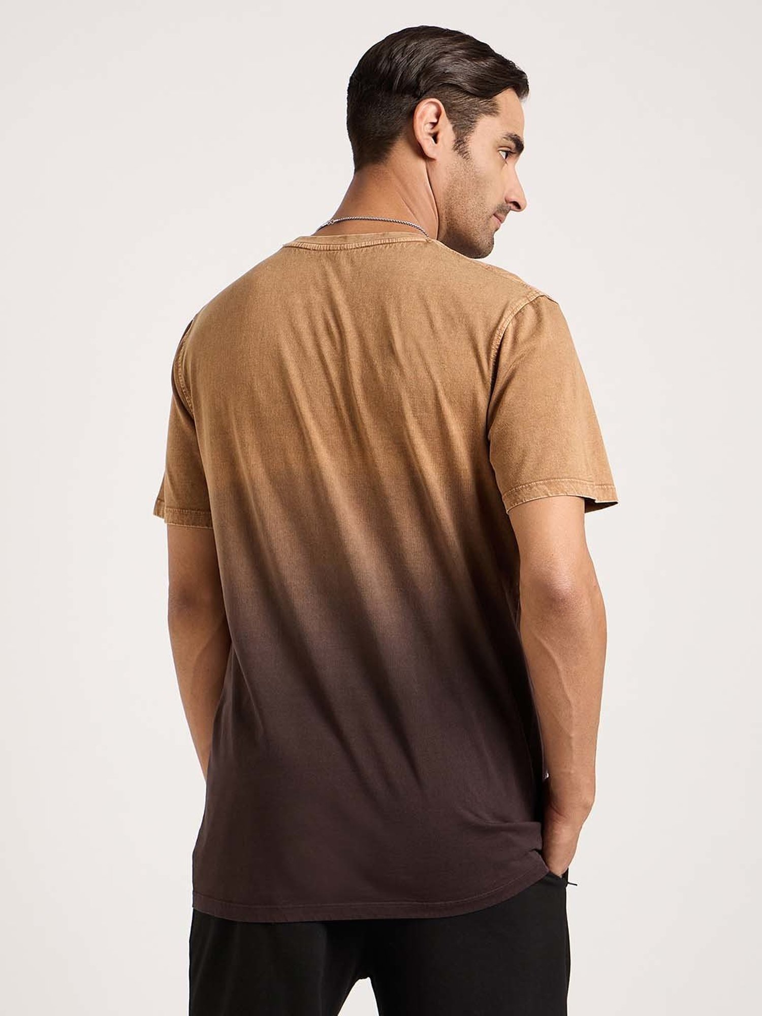 EDRIO Brown Regular Fit Printed Crew T-Shirt