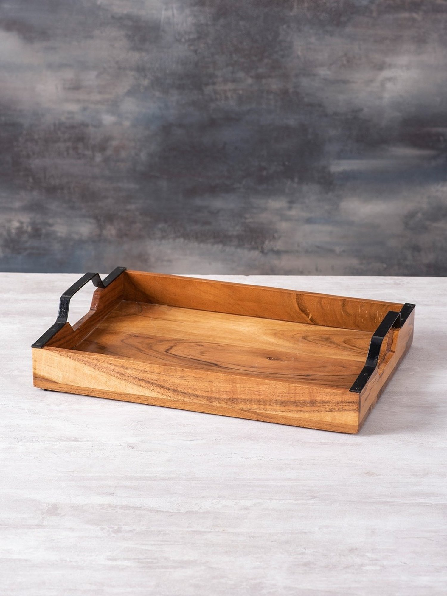 Nestroots Brown Wood Serving Tray & Cutlery Holder Combo