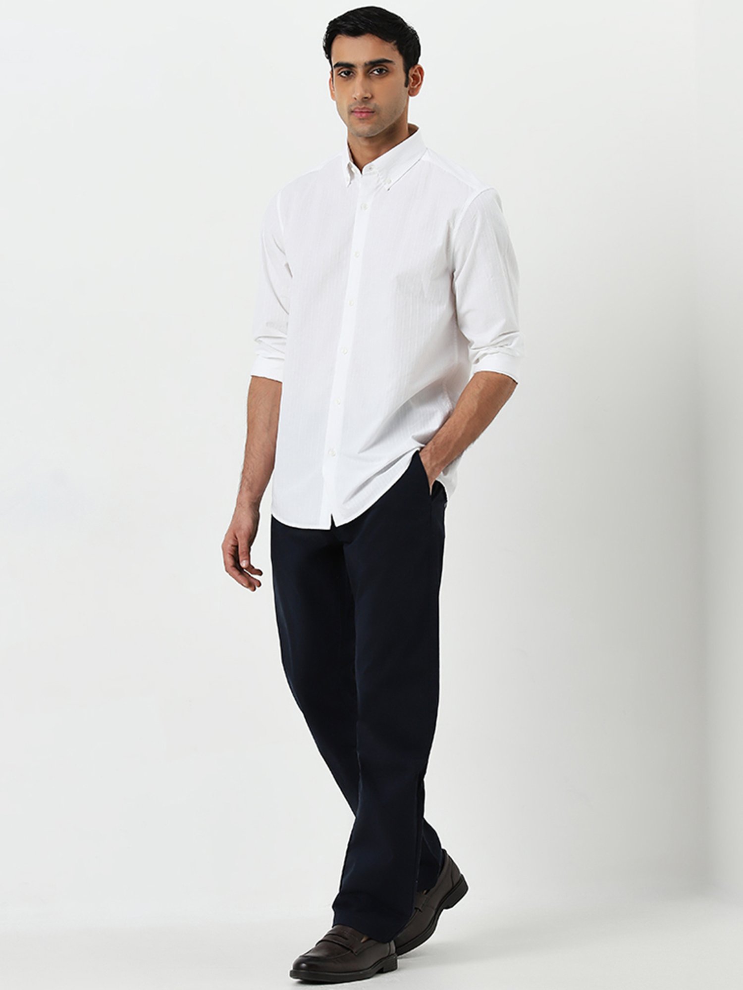 Ascot by Westside White Textured Stripes Relaxed-Fit Cotton Shirt