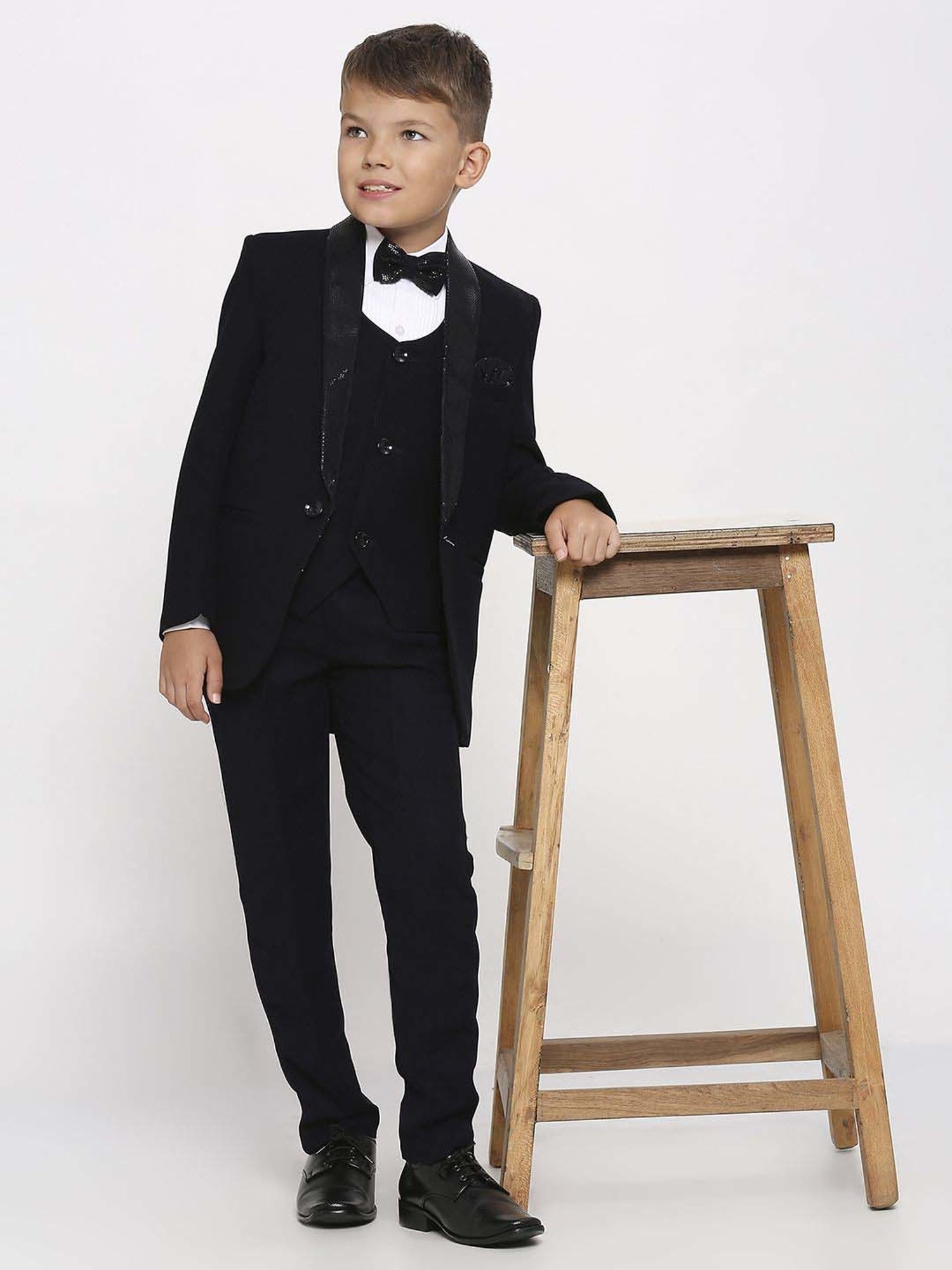 Kids Island Boys Navy & White Solid Full Sleeves Suit Set