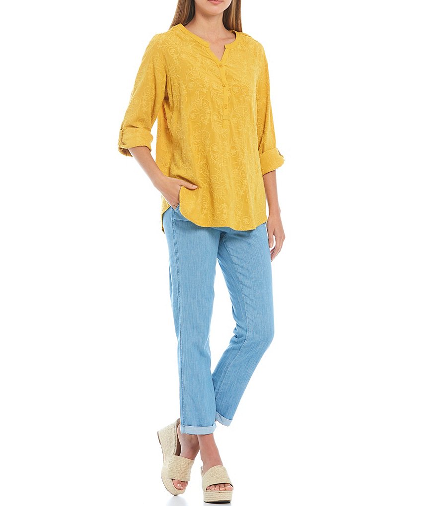 Tru Luxe Jeans Long Roll Tab Sleeve Tonal Embroidered Henley Tunic