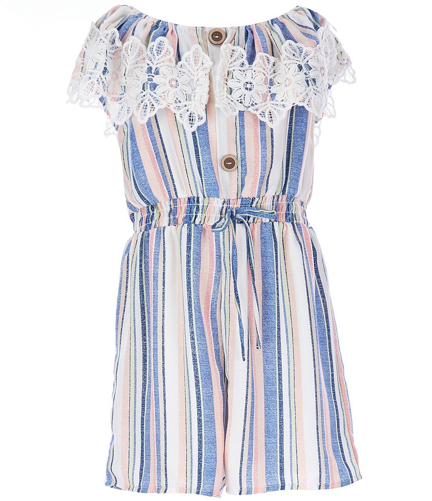 I.N. Girl Big Girls 7-16 Lace-Trim Striped Linen Romper