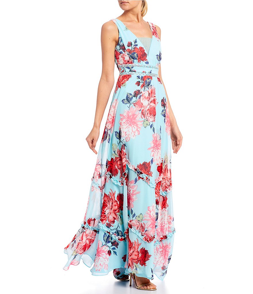 Midnight Doll Floral Chiffon Beaded Waist Long Dress