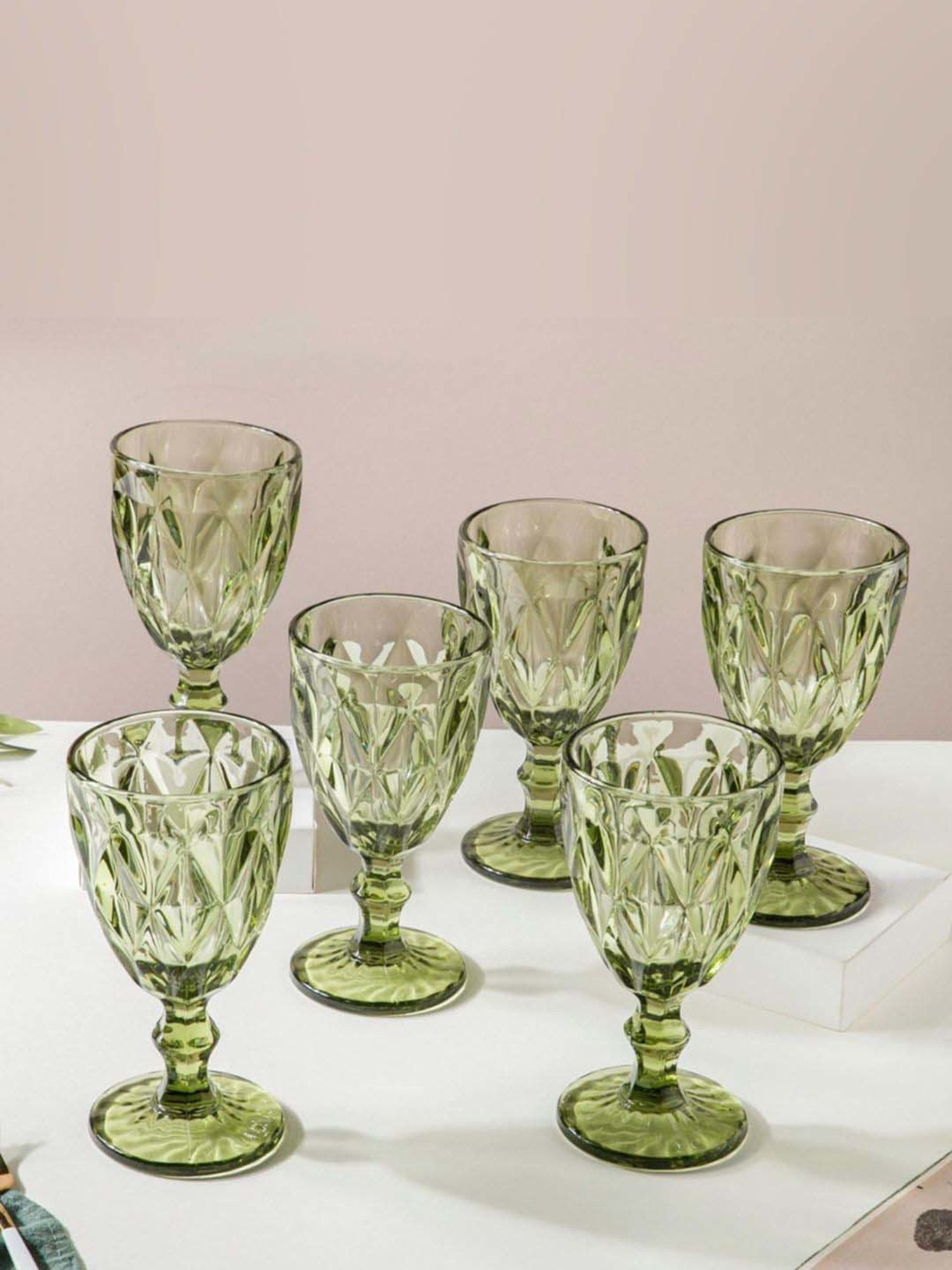 Nestasia high quality green Crystal Textured red wine Glasswareset with Stem(Set Of 6, each 300 ml)